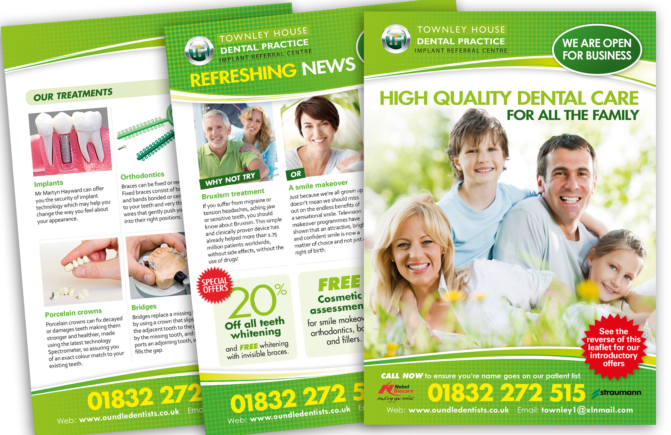 Design and artwork of a Townley House Dental Practice 4 page promotional leaflet
